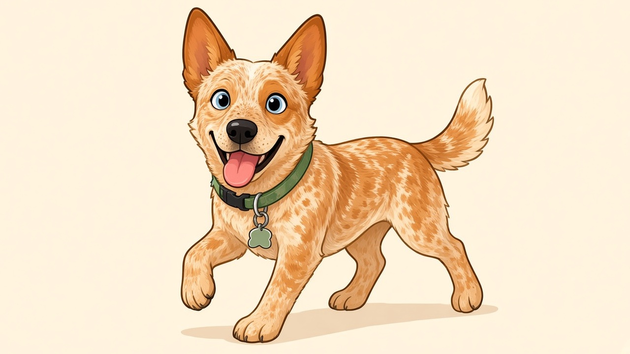 Maya, a cheerful red-speckled puppy mid-trot with her tongue out